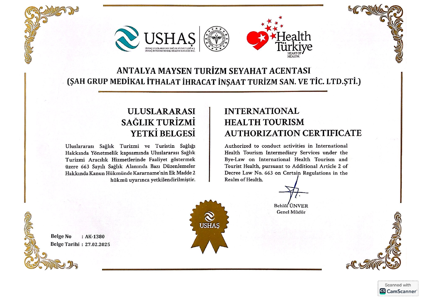 International Health Tourism Authorization Certificate