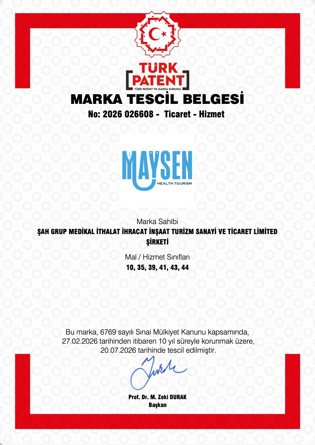 Maysen trademark registration certificate